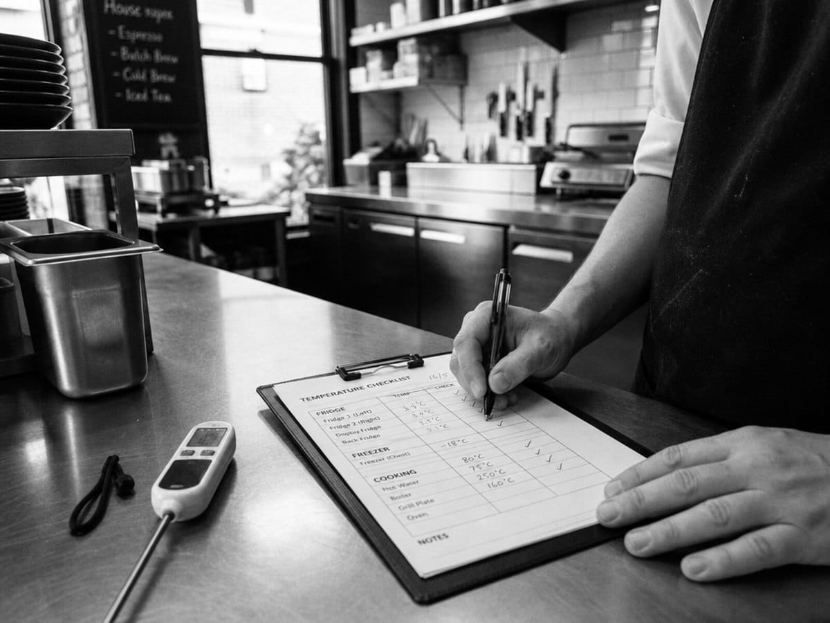 Kitchen temperature checks being recorded on a clipboard