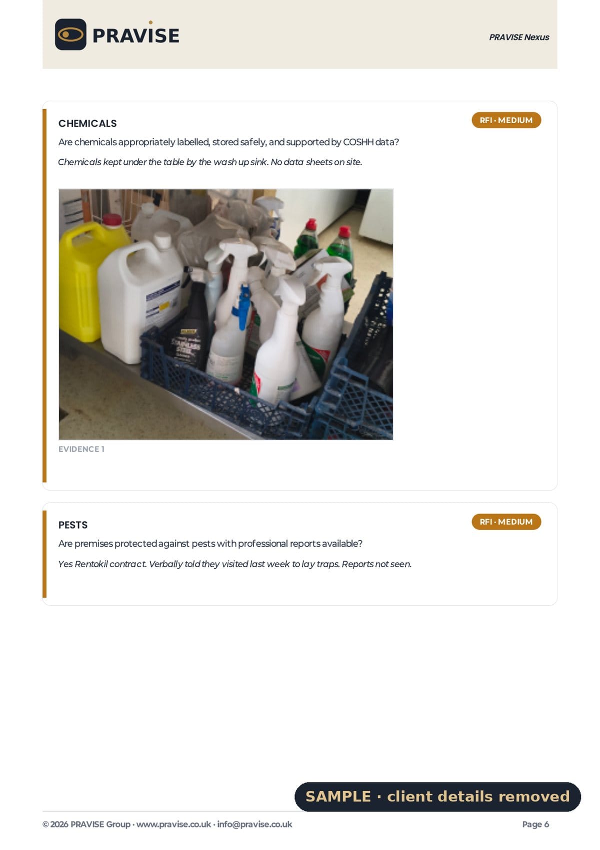Sample report finding: chemicals stored under a table with no safety data sheets, marked medium priority with a photo