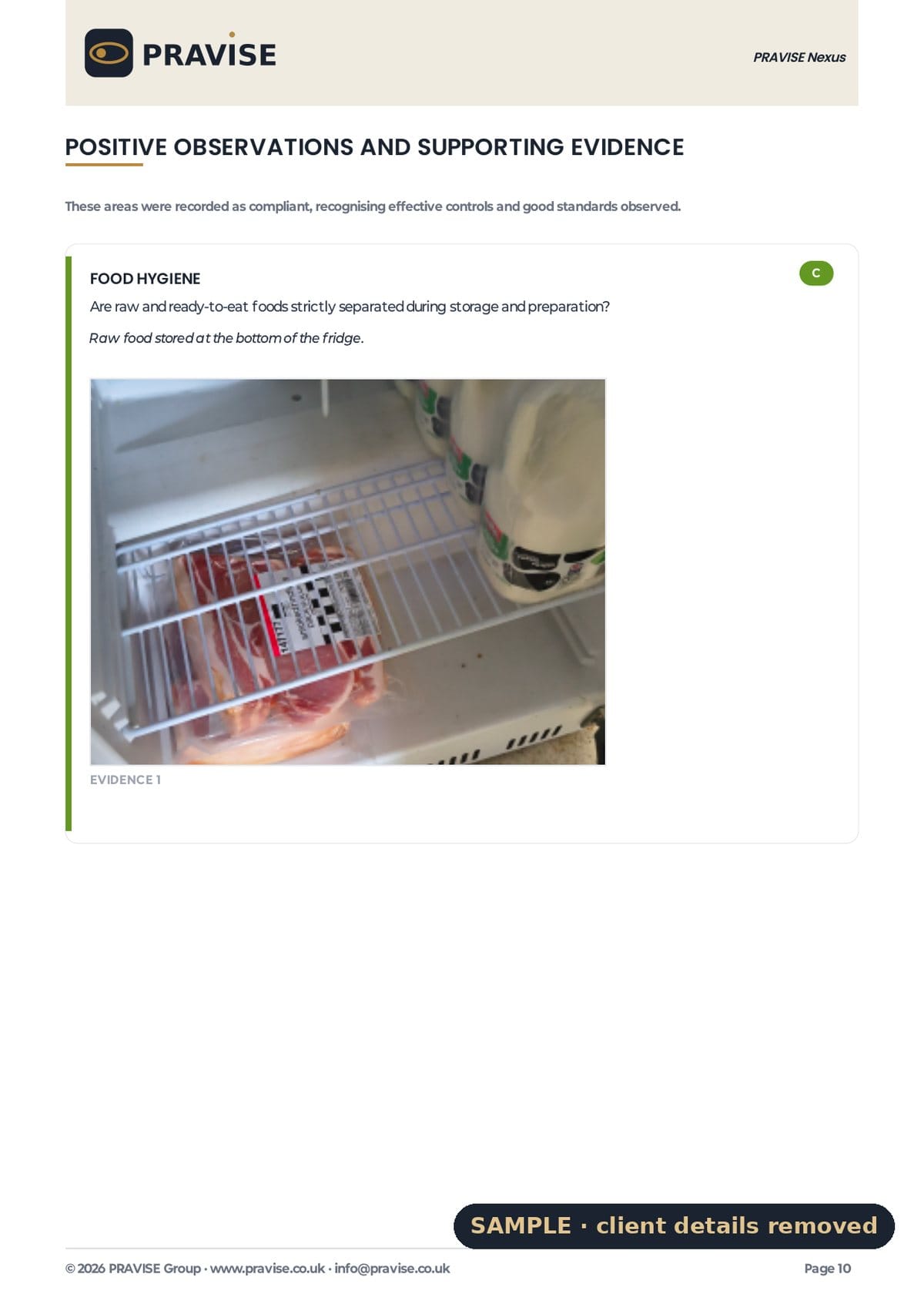 Sample report positive observation: raw food correctly stored at the bottom of the fridge, with a photo